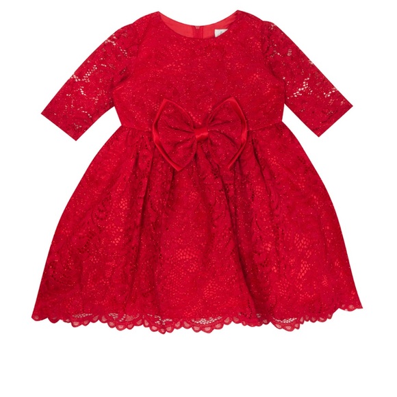 Red Baby Girls Illusion Sleeves Dress with Bow Detail - Picture 1 of 5